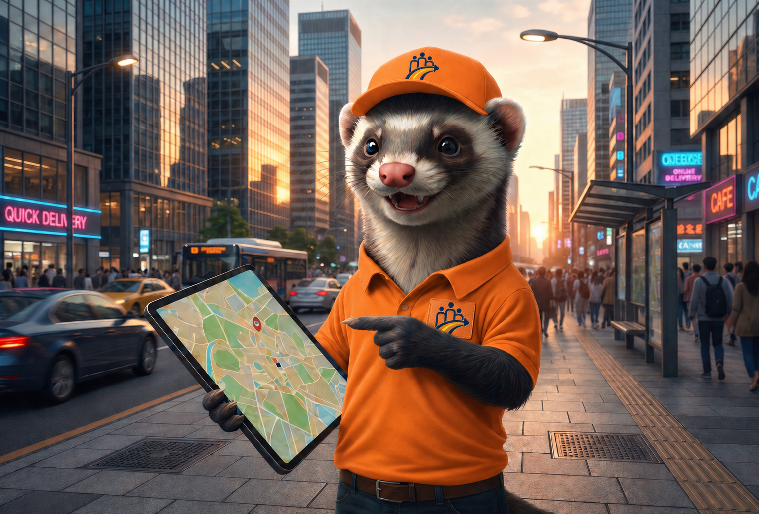 Mate, la mascota de Tribu — un hurón repartidor con gorra roja, mochila amarilla y tablet con mapa